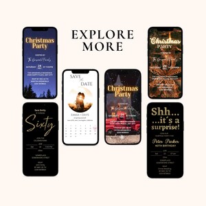 May include: A collection of digital phone invitations for various events, including a Christmas party, a birthday party, and a wedding. The invitations feature festive designs with a red truck, a snowy scene, and a couple silhouetted against a sunset.