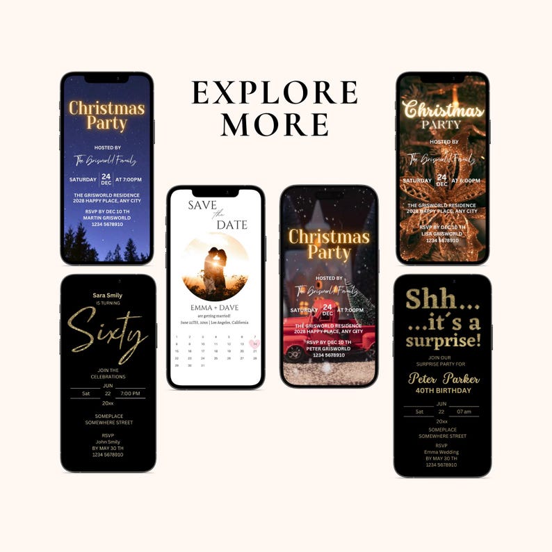 May include: A collection of digital phone invitations for various events, including a Christmas party, a birthday party, and a wedding. The invitations feature festive designs with a red truck, a snowy scene, and a couple silhouetted against a sunset.