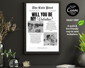 Prezent dla niej z okazji Walentynek w gazecie Cupid Post Niestandardowy szablon gazety Edytowalny szablon Canva Czy będziesz moją Walentynką?