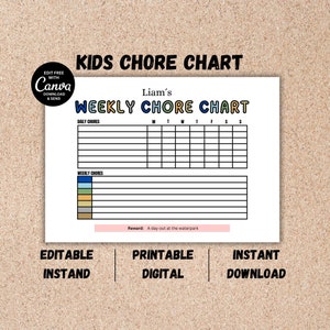 Kids Chore Chart Editable Daily Weekly Checklist Kids Weekly Planner Canva Template Kids Task List DIY Gift