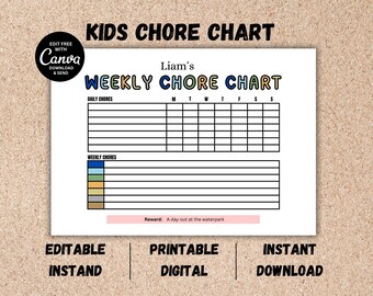 May include: A printable chore chart for children with a colourful design. The chart is titled "Liam's Weekly Chore Chart" and includes sections for daily and weekly chores. The reward for completing the chores is "A day out at the waterpark."