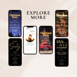 May include: A collage of six phone screens displaying different invitation designs. The designs include a Christmas party invitation, a save the date invitation, a birthday party invitation, and a surprise party invitation. The invitations are all in a festive style with gold accents and holiday themes.