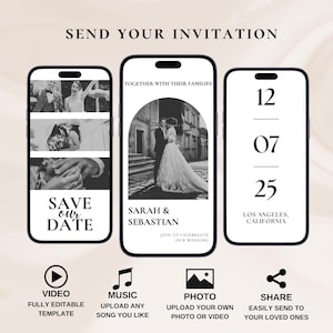 May include: A black and white wedding invitation template for a mobile phone. The template features a photo of the couple, the date, location, and the text "Save our Date".