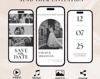 Save the Date video, digital wedding invitation, video wedding invite, electronic invitation, Canva template, customizable