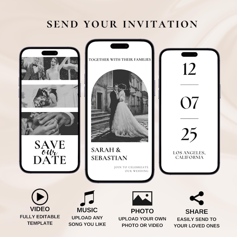 May include: A black and white wedding invitation template for a mobile phone. The template features a photo of the couple, the date, location, and the text "Save our Date".