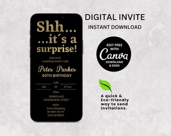 Shh... it's a surprise invite, surprise party invite, Invitation Template, Text Message Invitation, Digital Invite, Mobile Invitation, DIY