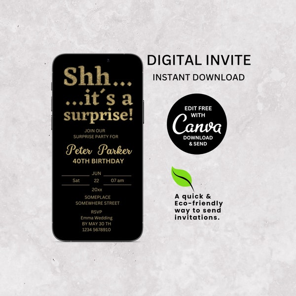 Shh... it's a surprise invite, surprise party invite, Invitation Template, Text Message Invitation, Digital Invite, Mobile Invitation, DIY