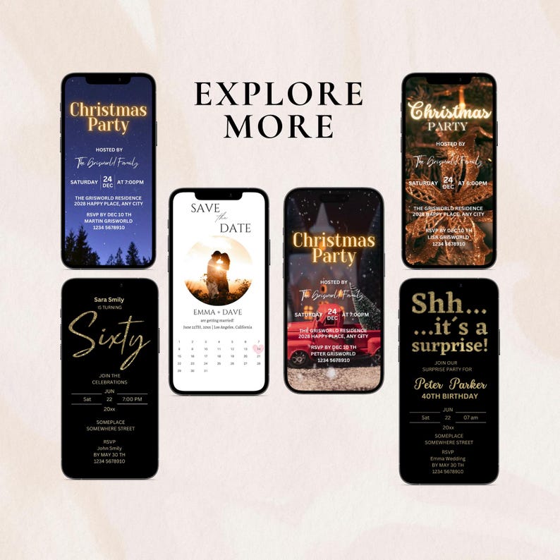 May include: A collection of digital invitations for various events, including a Christmas party, a birthday party, and a wedding. The invitations are designed in a modern style with a gold and black colour scheme.