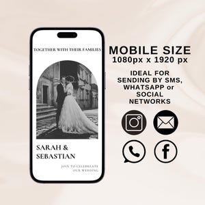 May include: A black and white wedding invitation with a photo of a couple in front of a building. The text reads "Together with their families, Sarah & Sebastian, Join to celebrate our wedding". The invitation is designed for mobile phones and is ideal for sending by SMS, WhatsApp or social networks.