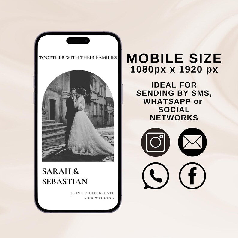 May include: A black and white wedding invitation with a photo of a couple in front of a building. The text reads "Together with their families, Sarah & Sebastian, Join to celebrate our wedding". The invitation is designed for mobile phones and is ideal for sending by SMS, WhatsApp or social networks.