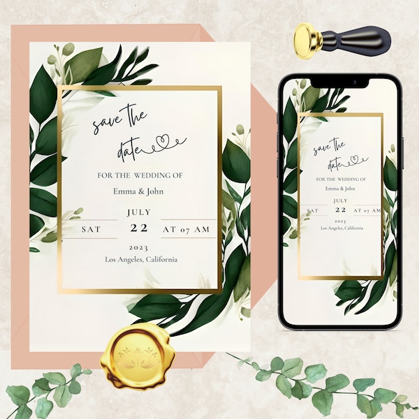 Classic Gold & Grreen Eucalyptus, Digital Invitation, Save the Date, We Do, Personalizable, Instand Download, Engagement, Wedding, SMS, DIY