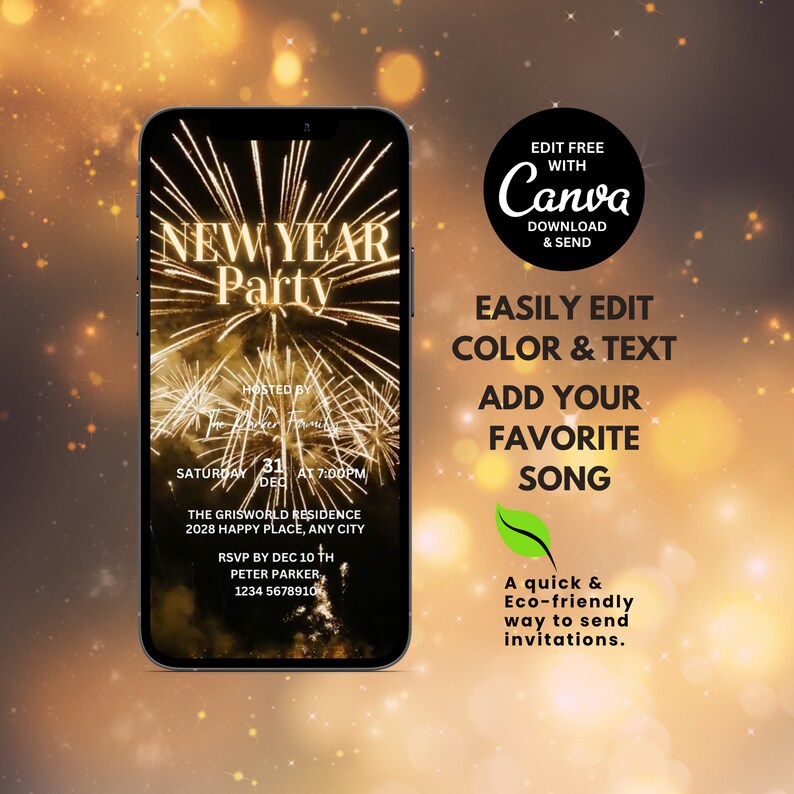 Może przedstawiać: Cyfrowe zaproszenie na imprezę sylwestrową w kolorze złotym i czarnym. Zaproszenie zawiera zdjęcie fajerwerk&oacute;w i tekst "New Year Party". Zaproszenie zawiera r&oacute;wnież datę, godzinę i miejsce imprezy. Tekst "Edit Free with Canva" jest wyświetlany w czarnym k&oacute;łku z białym tekstem.