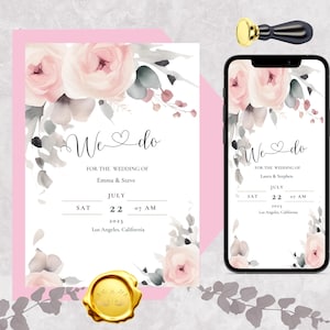 Könnte beinhalten: Eine Hochzeitseinladung mit einem Aquarell-Blumenmuster in Rosa- und Grautönen. Der Text lautet "We do" und enthält das Datum und den Ort der Hochzeit. Die Einladung ist für einen Telefonbildschirm und eine gedruckte Karte konzipiert.
