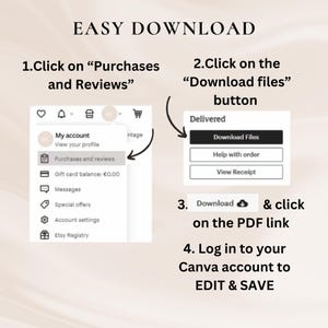 May include: A step-by-step guide on how to download a digital product from Etsy. The image shows a screenshot of the Etsy website with instructions on how to click on the "Purchases and Reviews" section, then click on the "Download Files" button, and finally download the PDF link. The image also includes instructions to log in to a Canva account to edit and save the downloaded file.