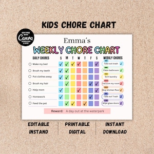 Editable Kids Household Chart, Printable, Daily Weekly Responsibility Chart, Kids Cleaning List Kids Daily Routine Checklist, Canva template