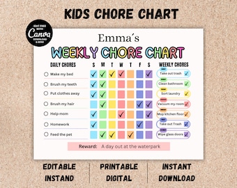 Editable Kids Household Chart, Printable, Daily Weekly Responsibility Chart, Kids Cleaning List Kids Daily Routine Checklist, Canva template