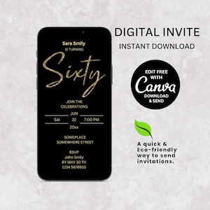 Sixty, 60th, Birthday invite, Evite, E-Invite, Invitation Template, Text Message Invitation, Digital Invite, Mobile Phone Evite