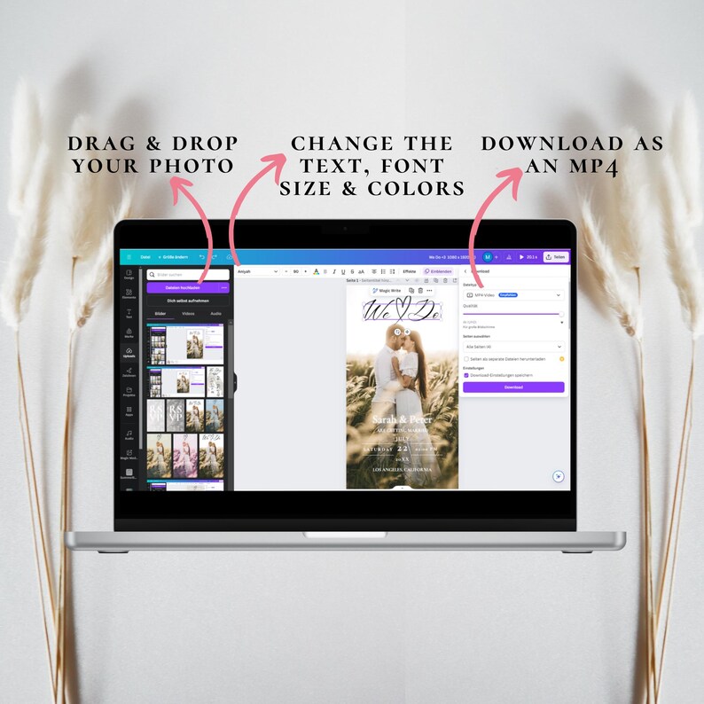May include: A laptop screen showing a wedding invitation template with a photo of a couple in a field. The text on the invitation says "We Do". The screen also shows options to drag and drop a photo, change the text, font size and colors, and download the invitation as an MP4 video.