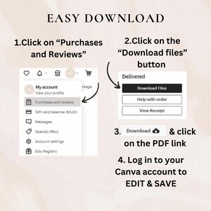 May include: A step-by-step guide on how to download digital files from Etsy. The image shows a screenshot of the Etsy website with instructions on how to download files, including clicking on the "Purchases and Reviews" section, then clicking on the "Download Files" button, and finally clicking on the PDF link to download the file. The image also includes instructions on how to log in to Canva to edit and save the downloaded file.