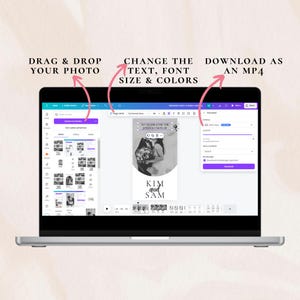 May include: A laptop screen displaying a wedding invitation template with a photo of a couple in a circle. The text on the template reads "To celebrate the joyous union of Kim and Sam". The screen also shows options to drag and drop a photo, change the text, font size and colours, and download the invitation as an MP4 video.