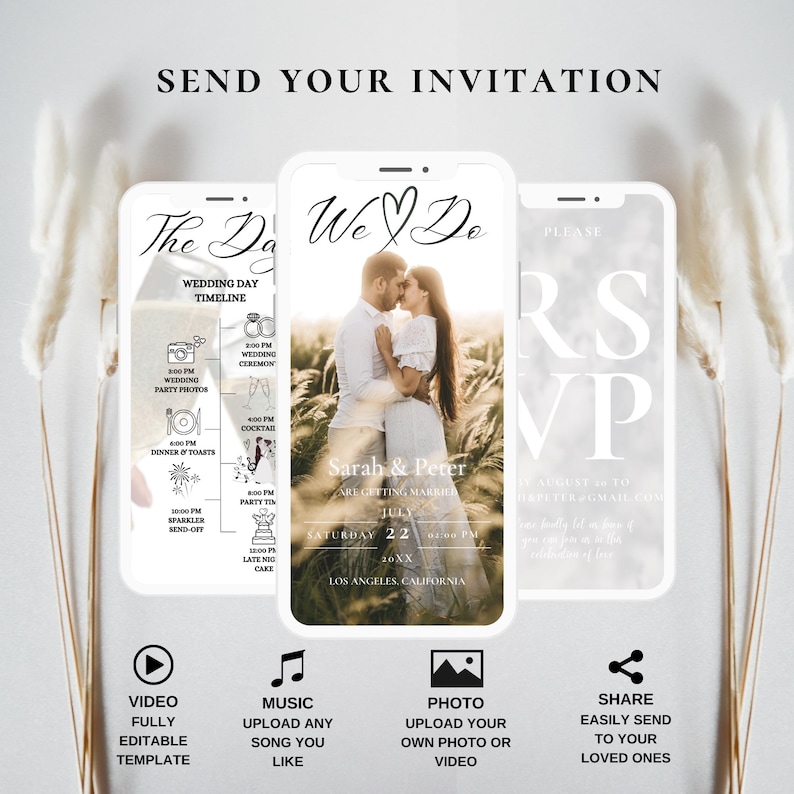 May include: A digital wedding invitation template with a white background and a gray marble texture. The template features a couple in a field, a wedding day timeline, and an RSVP section. The text on the template reads "We Do", "The Day", "Wedding Day Timeline", "Sarah & Peter", "Please RSVP", and "July 22, 20XX".