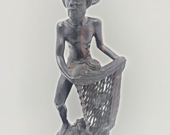 Antique Carving of Asian Fisherman - 11.75"