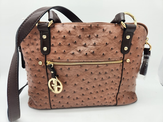 Giani Bernini | Bags | Giani Bernini Handbag Brown Faux Ostrich Leather  Gold Accents Bowling Style Bag | Poshmark
