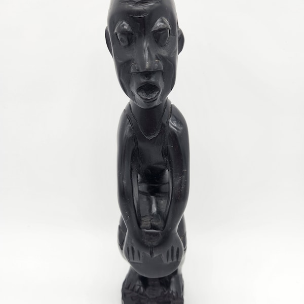 African Hand Carved Sculpture of Man Playing a Djembe - 11" Tall