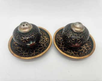 Cloisonne Salt and Pepper Shaker / Saucer Set