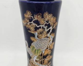 Vase vintage bleu cobalt avec grues japonais 11 pouces