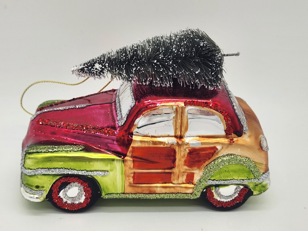 Woodie Car Glass Christmas Ornament With Bottle Brush Tree Woody