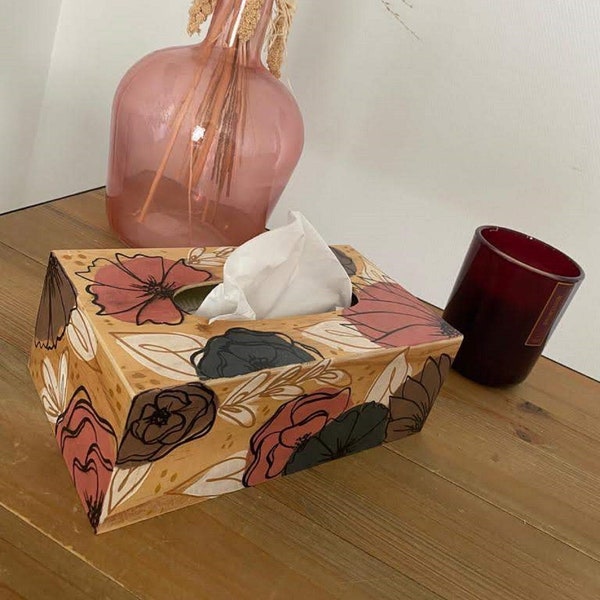 Boîte à mouchoirs en bois motif floral personnalisable