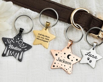 Placa de identificación personalizada con forma de estrella para mascotas, de acero inoxidable con grabado profundo, para perro o gato. Placas con nombre para collares de perro. Regalo para mascotas. Placa para collar de gato.