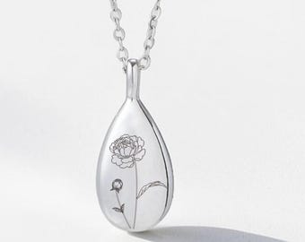 Personalized Birth Flower Teardrop Urn Necklace, Silver Cremation Jewelry,Ashes Necklace,Memorial Gift for Mom, Custom Birth Flower Pendant
