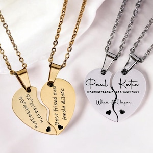 Personalised Engraved Split Hearts Shape Necklace, Custom Names, Special Words Gift, Engraved Jewellery For Her, Love Heart Sharing Pendant
