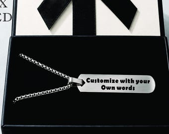 Custom Bar Pendant Necklace, Personalized Men's Necklace, Stainless Steel Engraved Pendant, Anniversary Gift for Him, Vertical Name Necklace