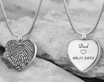 Collar de urna con forma de corazón y huella dactilar personalizada - Joyas de cremación con huella dactilar para cenizas - Recuerdo de cremación con escritura a mano - Collar de cenizas personalizado