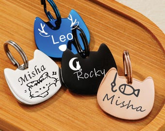 Placa de identificación personalizada con forma de cabeza de gato: acero inoxidable, collar para mascotas pequeñas, placa para gato, placa de identificación grabada a medida para gato, placa para collar de gato, placas de identificación para gatos para collar