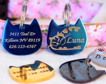 パーソナライズされた猫の頭IDタグ：ステンレススチール、小さなペットの首輪、猫タグ、カスタム刻印された猫の名前タグ、猫の首輪タグ、首輪用の猫の名前タグ