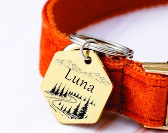 Gepersonaliseerde hondenpenning, aangepast huisdier-ID-tag, gegraveerd hondennaamplaatje, Mountain Pet Tag, roségouden hondenpenning, aangepast hondenhalsbandlabel, huisdiercadeau