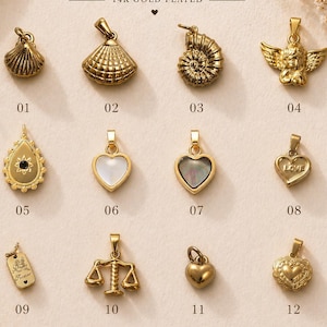 Vintage Gold Charm Pendant Collection, Small Jewelry Charm Add-On, Heart Shell Angel Pendant for Necklace,Mini Gold Charm Pendant Collection