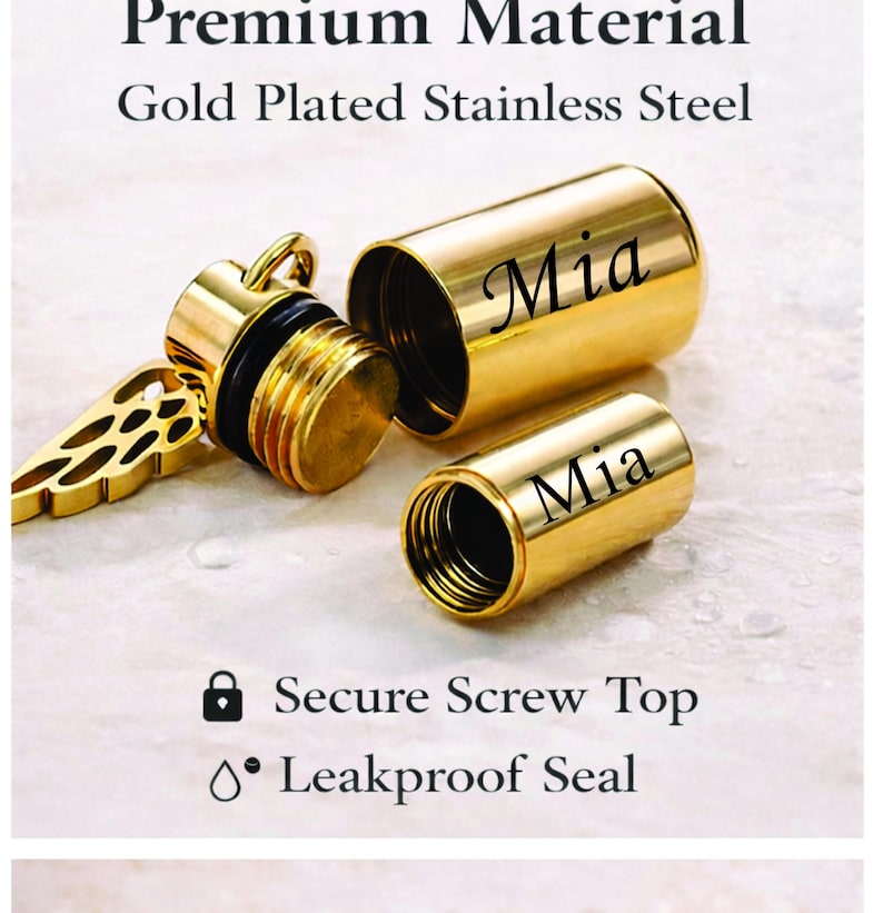 May include: Gold-plated stainless steel cremation urn with the name "Mia" engraved on the side. The urn has a secure screw top and a leakproof seal. The urn is open, revealing the interior.