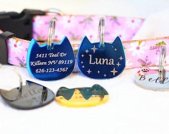 Personalized Cat Head ID Tag: Stainless Steel, Small Pet Collar,Cat Tag,Custom Engraved Cat Name Tag,Cat Collar Tag,Cat Name Tags for Collar