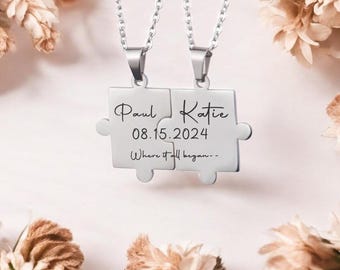 Personalized Puzzle Piece Couple Necklace: Engraved Initial Stainless Steel
