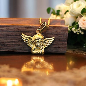Angel Cherub Gold Stainless Steel Pendant Necklace-Small Cupid Angel Charm-Spiritual Pendant-Trendyl-Link Chains-Baby Angel Necklace