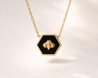 Collar de abeja bañado en oro de 18 quilates: colgante hexagonal geométrico