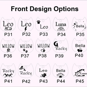 May include: A collection of fifteen cat-shaped pet tags arranged in three rows, each featuring a unique black graphic design and name. The text Front Design Options appears at the top, with individual labels P31 through P45 below each tag.