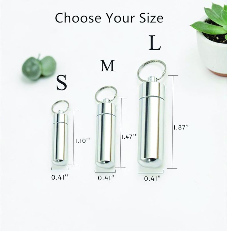 May include: Three silver-colored, cylindrical containers with keychains, labeled S, M, and L, indicating size options. Measurements are provided in inches: 1.10", 1.47", and 1.87" tall, with a consistent 0.41" diameter. The text "Choose Your Size" is at the top.