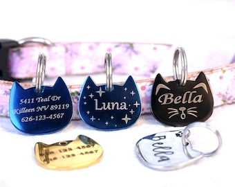 パーソナライズされた猫の頭IDタグ：ステンレススチール、小さなペットの首輪、猫タグ、カスタム刻印された猫の名前タグ、猫の首輪タグ、首輪用の猫の名前タグ