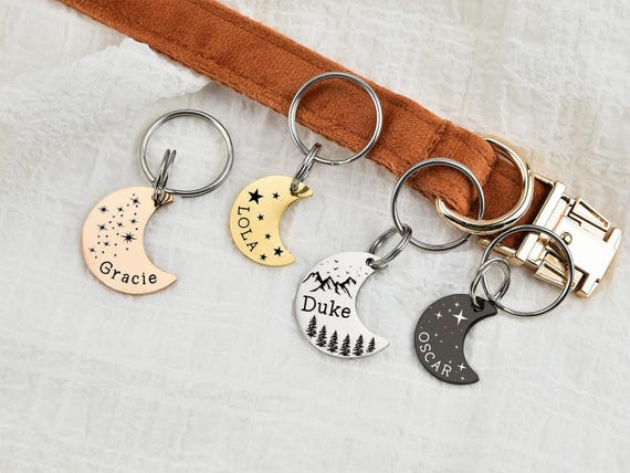 Personalized Moon Pet Tag: Custom Dog Cat ID Tag,Cat ID Tag - Cat Collar Tag - Moon Pet Name Tags - Pet Gifts - Moon and Stars,half moon tag